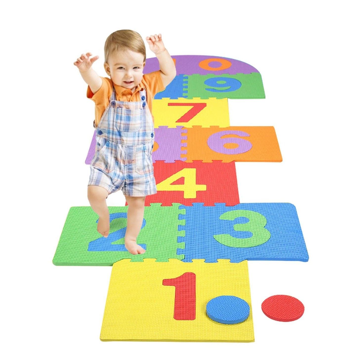 Atarvana Hopscotch Mat For Kids, 12'×12' Hopscotch Interlocking Foam Tiles, Easy To Assemble & Clean, Soft & Reliable Eva Hopscotch Rug, 10 Large Number Foam Play Mats For Most Surface 7 X 2 Ft