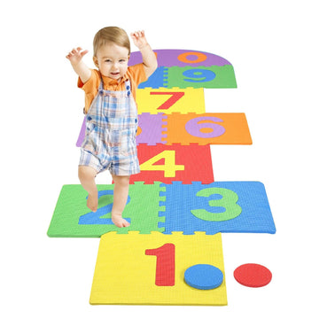 Atarvana Hopscotch Mat For Kids, 12'×12' Hopscotch Interlocking Foam Tiles, Easy To Assemble & Clean, Soft & Reliable Eva Hopscotch Rug, 10 Large Number Foam Play Mats For Most Surface 7 X 2 Ft