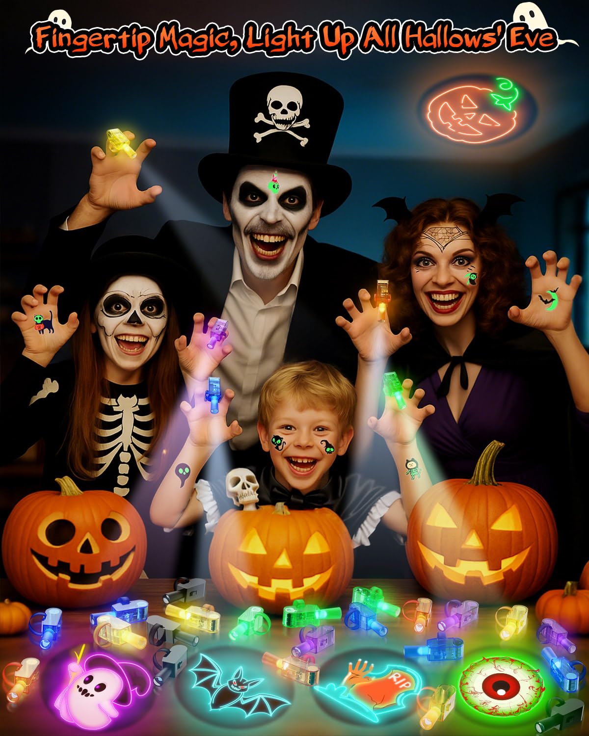 36 Pack Halloween Party Favors for Kids - LED Finger Lights & Glow in The Dark Tattoos Set, Non-Candy Treats, Trick or Treat Gif