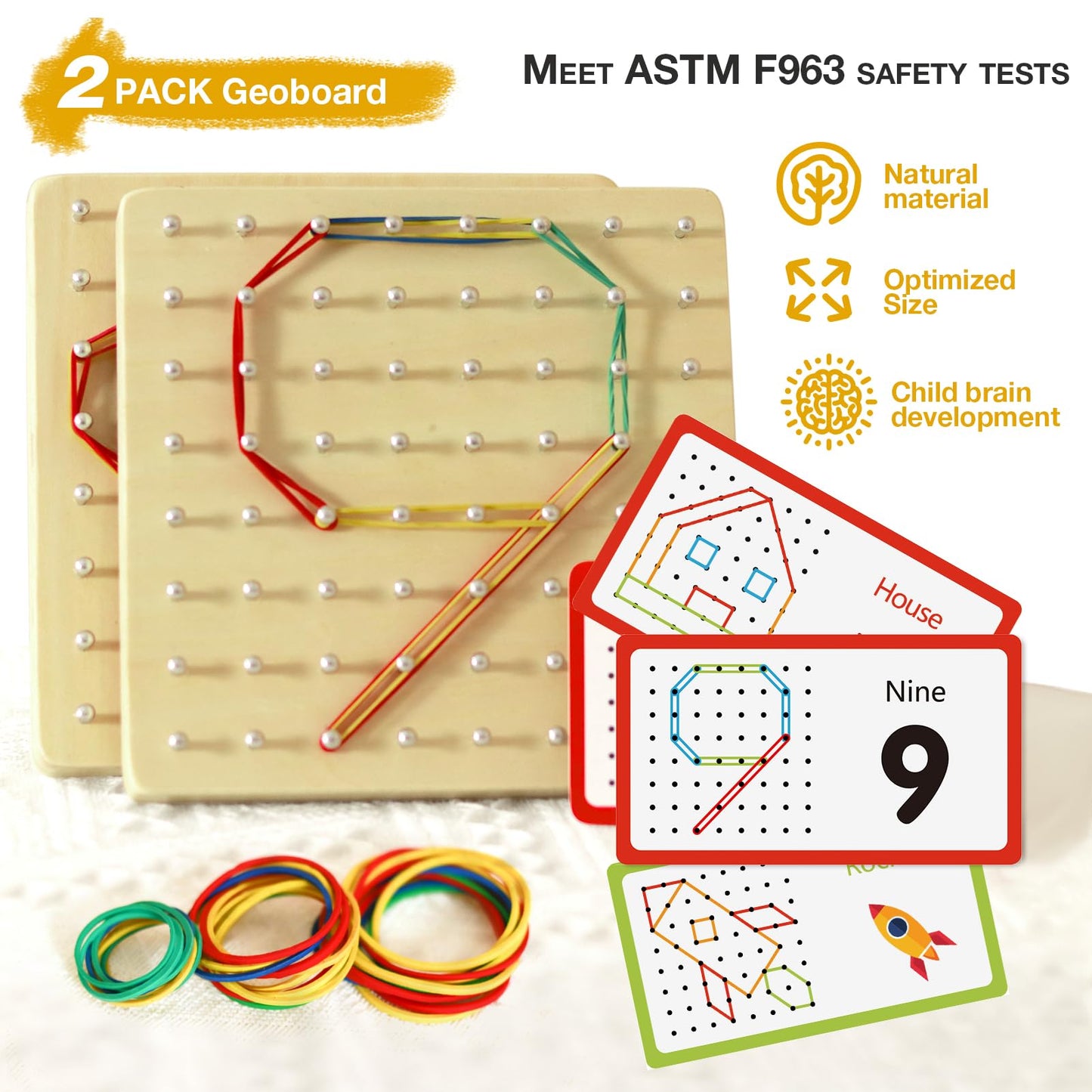 CHEROSIN Wooden Geoboard Toys - 2Pack Montessori Manipulative for Kids Ages 3-6, Natural Wood, Medium Size, Model HS-WD002