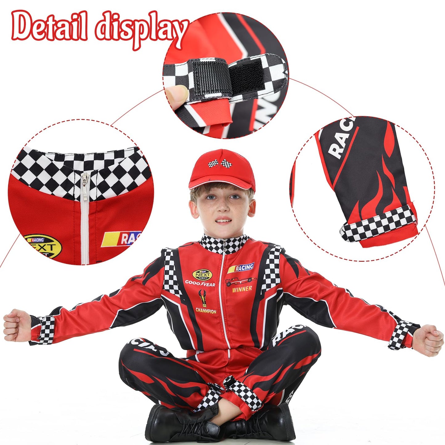 Treyrea Race Car Driver Costume Boys Racer Jumpsuit With Car Cap Kids Dress Up For Halloween (Red Set, M(For Height 50''-53''))