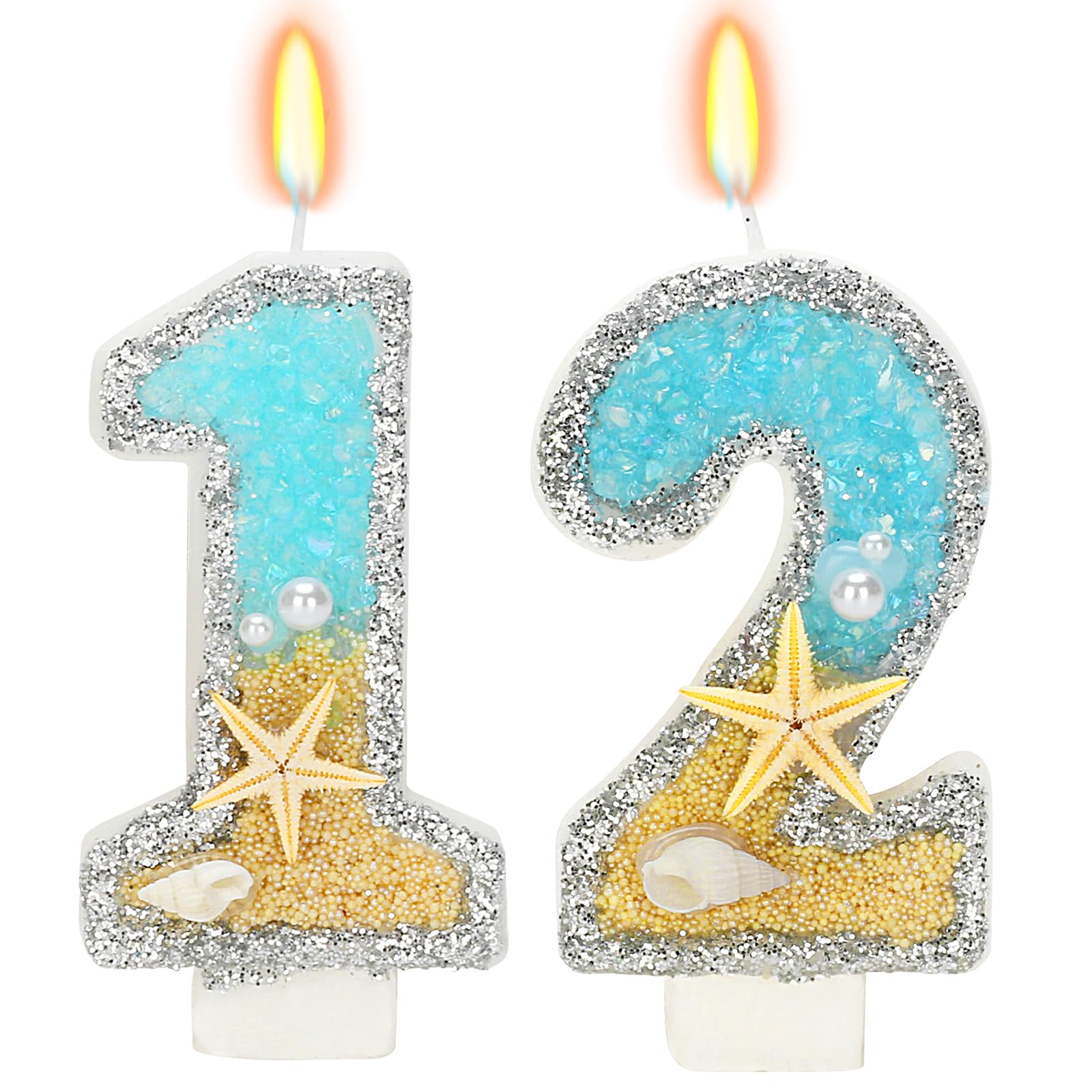 ElekFX 12th Birthday Candle for Cake, Beach Starfish Sequins Number Cake Candles, 2.76 inch Number 12 Happy Birthday Candle, Cak