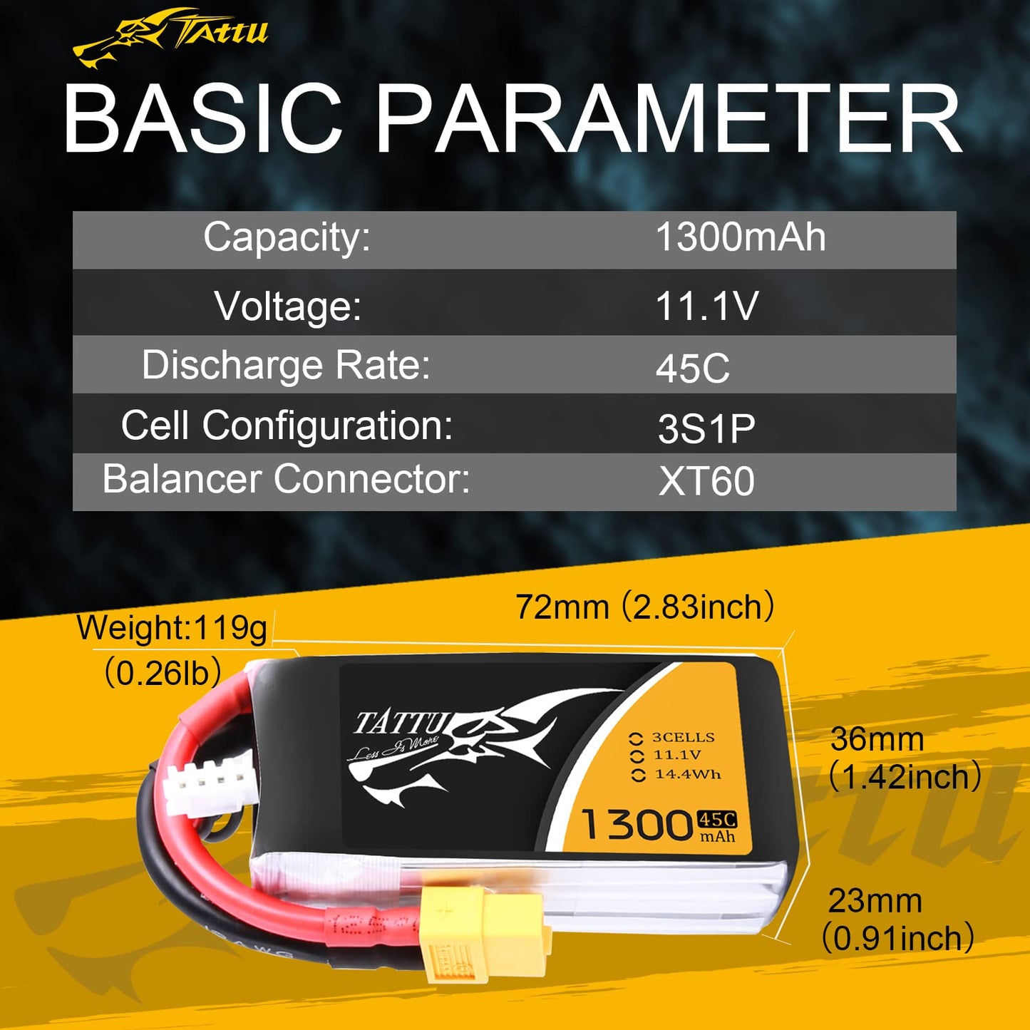 Tattu LiPo Battery Pack 1300mAh 45C 3S 11.1V with XT60 Plug for RC Car Boat Truck Heli Airplane