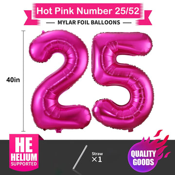 Hot Pink 25 Balloon Numbers,40 Inch 25 Or 52 Birthday Balloon Foil Mylar Number 25 Balloon Large Dark Pink Number Balloons For Birthday Party Anniversary Festival Decorations