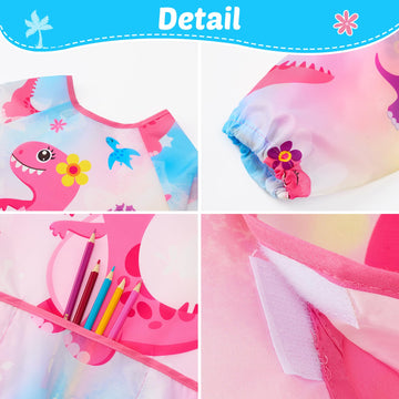Wernnsai Dinosaur Art Smock- Girls Toddler Smocks For Kids Waterproof Apron Long Sleeve Kids' Artist Smocks Painting Apron For Kids Artist Apron For Age 3-8 Toddler Apron With 3 Pockets