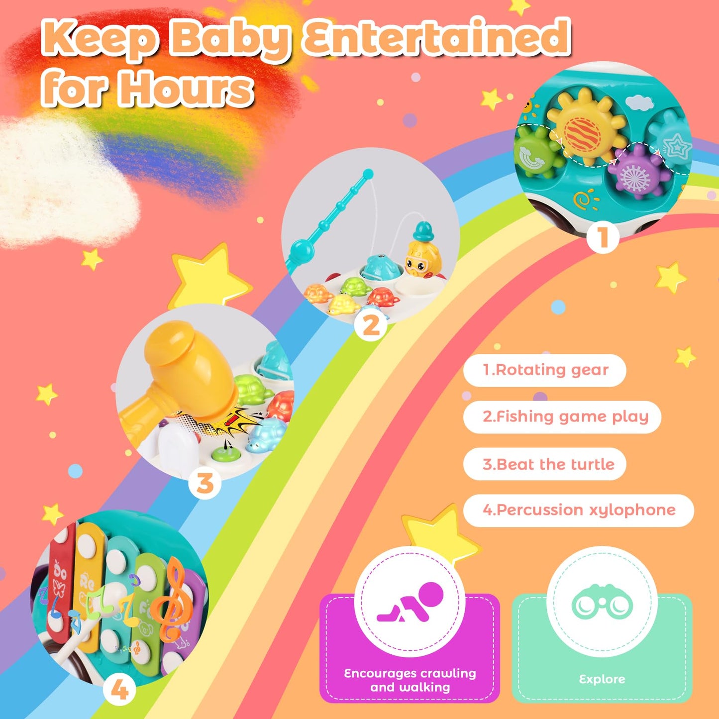 Krseub Baby Bus Montessori Musical Toy For 1~3 Years Toddlers With Sound & Light, With Xylophone/Hammering/Fishing Game & Windmi