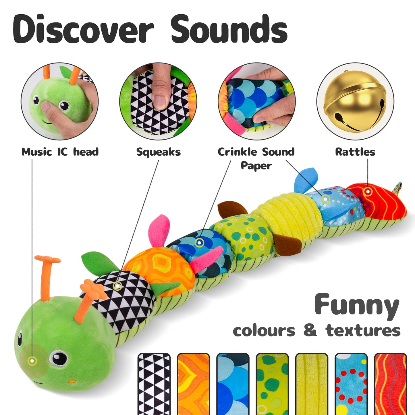 Sumobaby Infant Baby Musical Stuffed Animal Activity Soft Toys With Multi-Sensory Crinkle, Rattle And Textures, For Tummy Time Newborn 0-3-6-12 Months Boys, Girls, Caterpillar