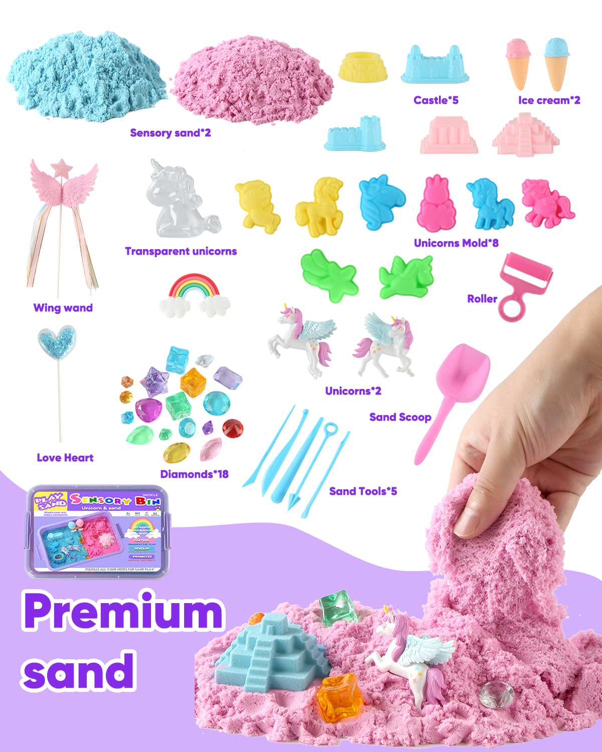 Sikmcle Unicorn Sensory Bin Play Sand Kit For Girls Unicorn Toys For Kids Castle Moulds Toddler Activities And Sensory Bin Fille