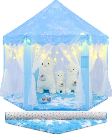 Cubnbud Frozen Princess Tent With Snowflake Lights And Rug, Girls Age 4-7, Blue Princess Castle Playhouse 55X53 Inch