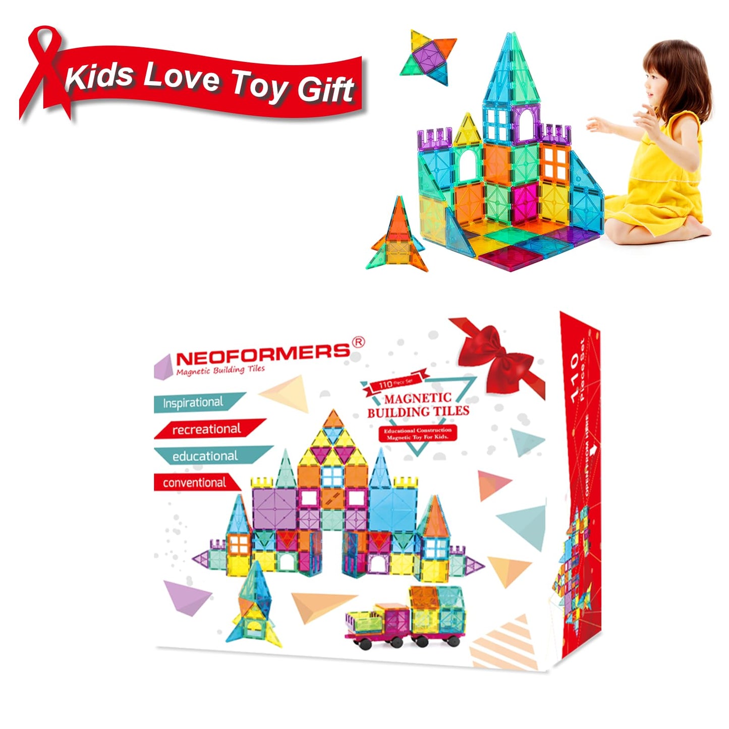 Neoformers 110Pcs Magnetic Tiles With 2 Cars, Stem 3D Building Blocks For Kids Ages 3-8, Montessori Magnet Construction Toys For Preschool Classroom