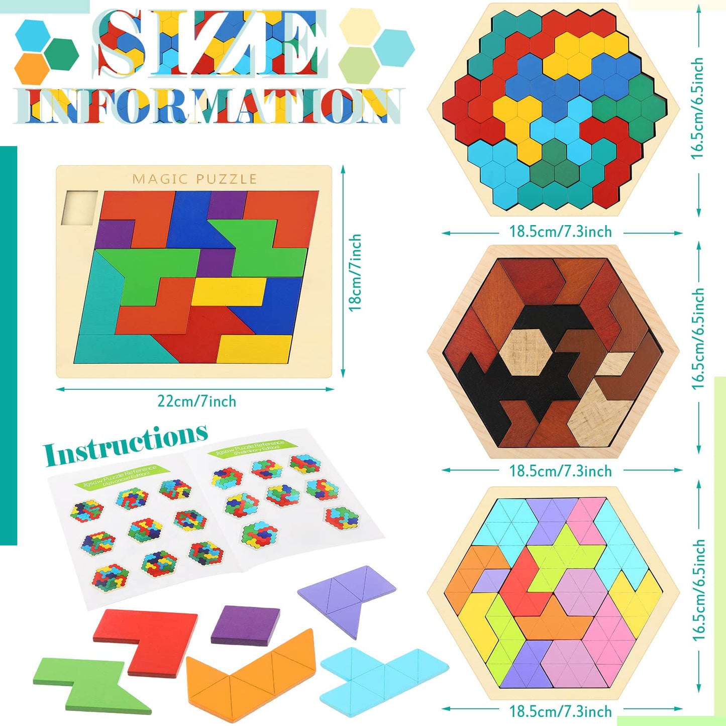BBTO 4 Pack Wooden Hexagon Puzzle Blocks Geometric Tangram Jigsaw Shape Pattern Block Brain Teaser Toy Russian Blocks Logic Iq Stem Montessori Toy Educational Gift for Intelligence Challenge