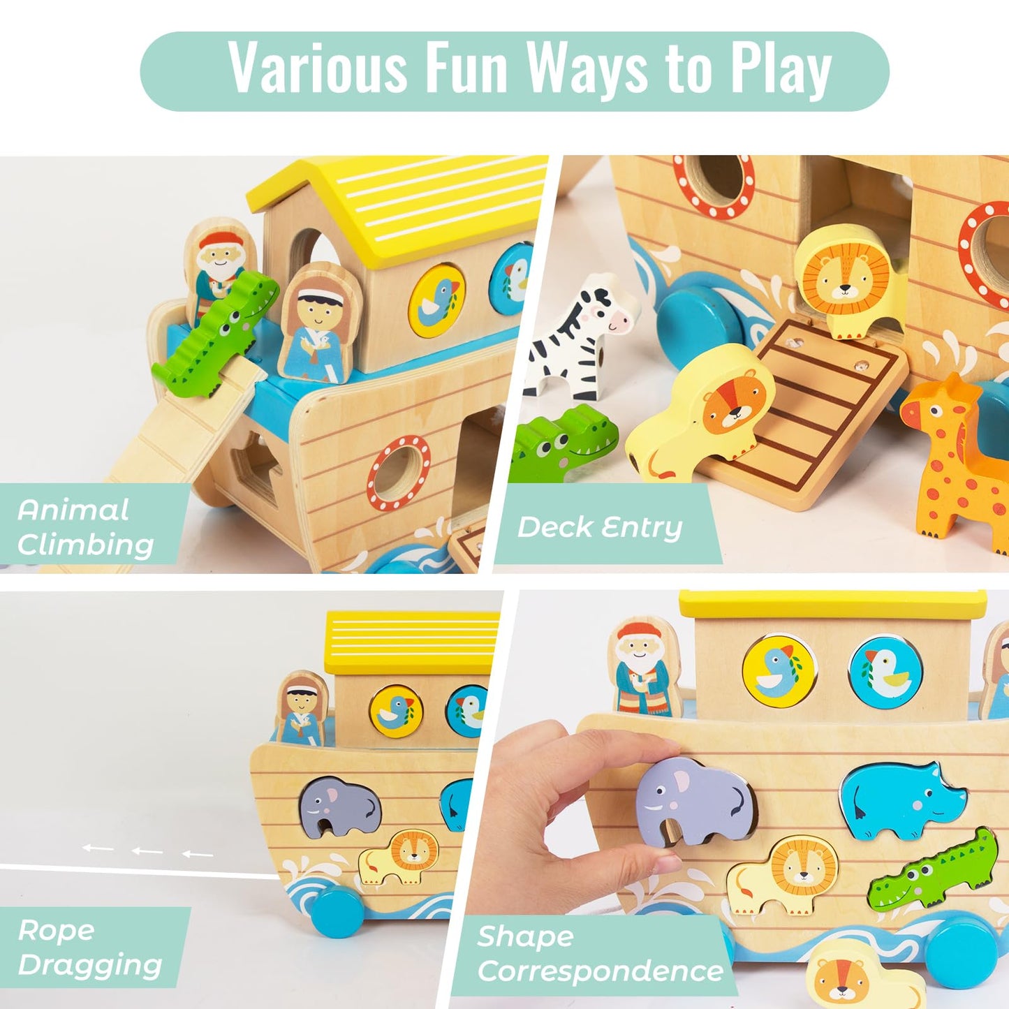 WOODENFUN Toddlers Wooden Noah's Ark Toy Playset, Montessori Shape Sorter, 5"x10"x10", Ideal for Boys & Girls, Model 55020-ZJ