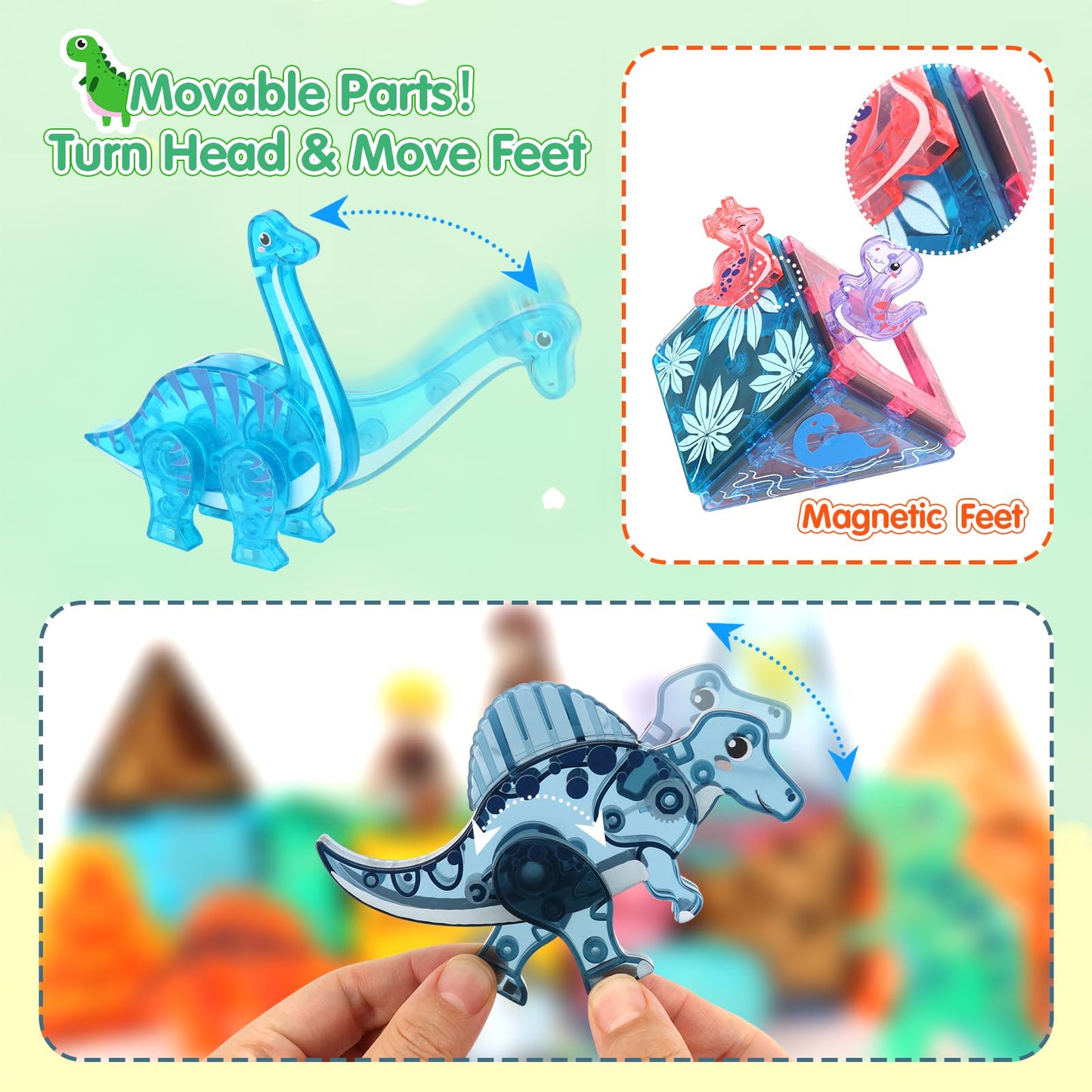 Dinosaur Toys Magnetic Tiles, Valentines Day Gifts For Kids, 3D Movable Dinos Magnetic Building Blocks For Kids 3-5 5-7 Stem Edu