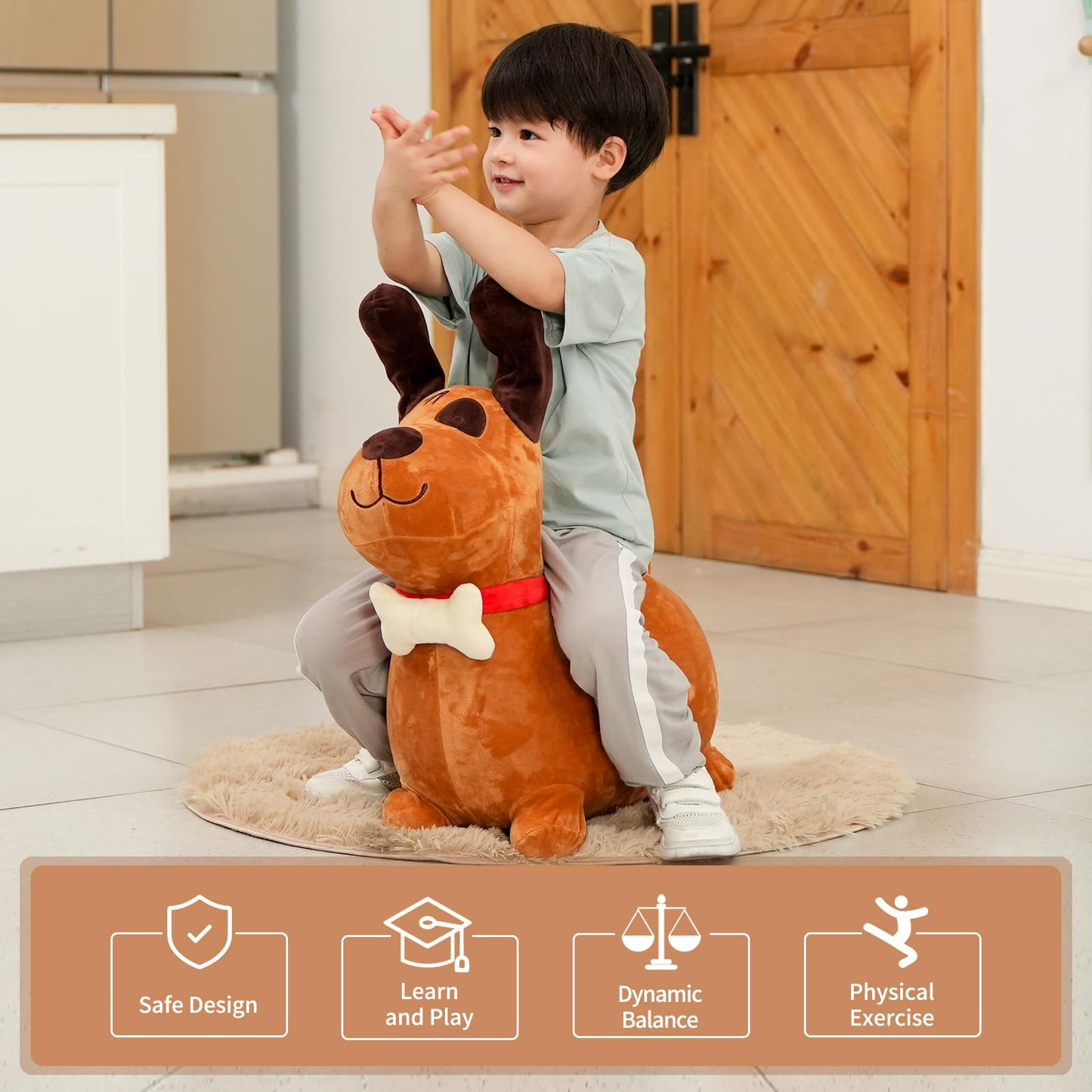 INPANY Bouncy Dog Hopper Toy - Plush Medium Ride-On for Toddlers, Brown Rubber, Ideal Birthday Gift for 2-4 Year Olds