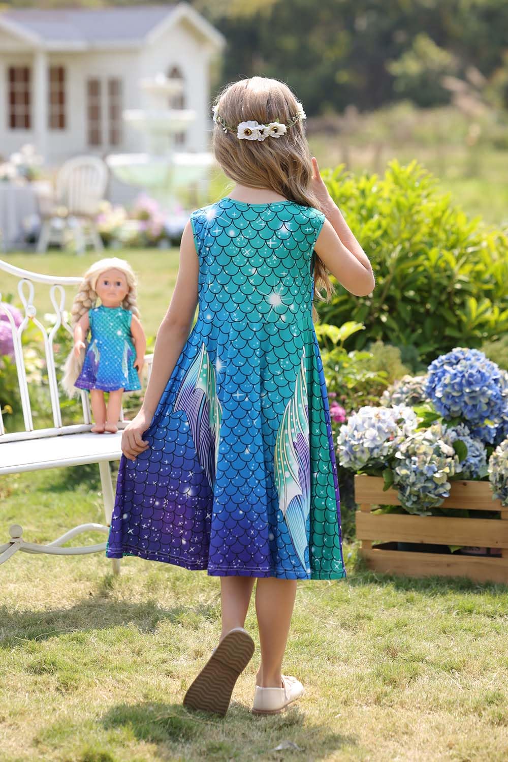 Bow Dream Girl Dress & Doll Clothes Set, Rainbow Unicorn, Size 4-5T, Blue Green