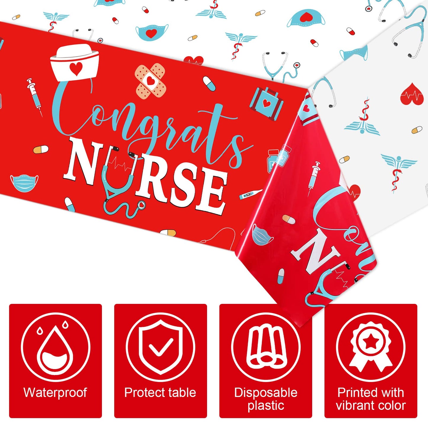 Moukeren 3 Pieces Nurse Graduation Tablecloth Plastic Congrats Table Covers Red White Nurse Grad Table Cloth for Graduation Part