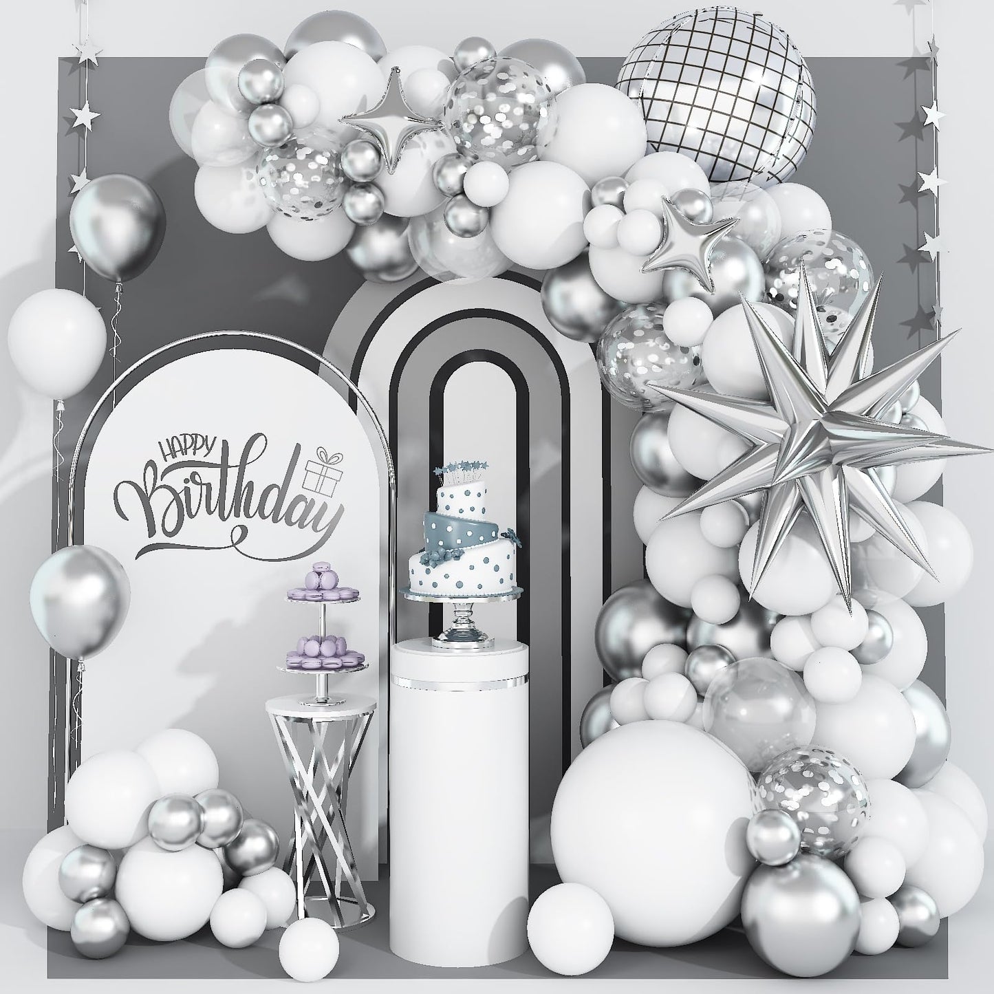 White And Silver Balloon Arch Garland Kit,White Silver Star Confetti Metallic Balloon Decoration With 18 Inch 4D Disco Silver Fo