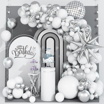 White And Silver Balloon Arch Garland Kit,White Silver Star Confetti Metallic Balloon Decoration With 18 Inch 4D Disco Silver Fo