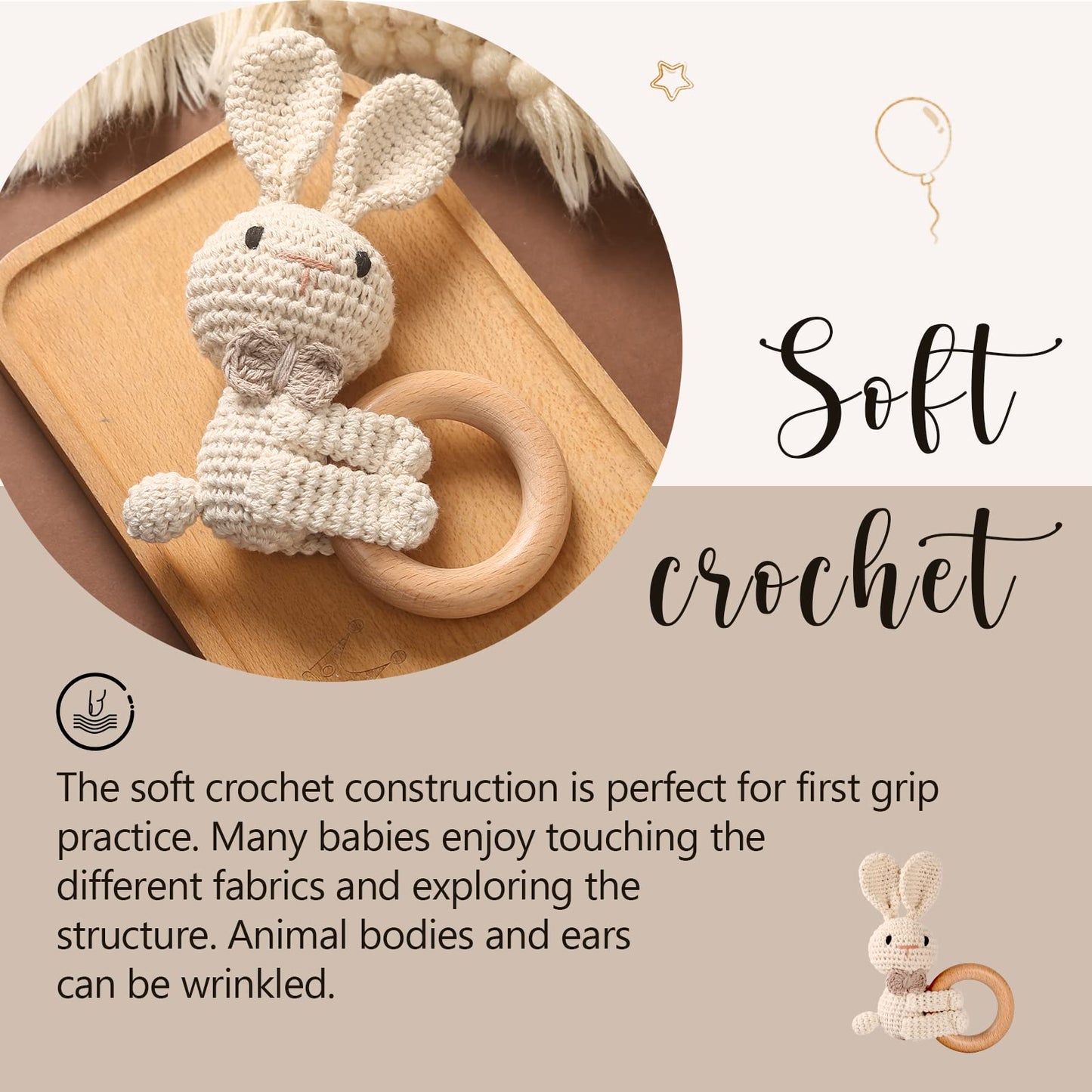 Wooden Teether Crochet Baby Rattle, Crochet Baby Toys, Organic Wooden Newborn Toys, Newborn Animal Rattle Toys,Knitted Stuffed Animals Gifts For Baby, Lovely Bunny