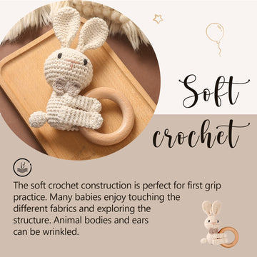Wooden Teether Crochet Baby Rattle, Crochet Baby Toys, Organic Wooden Newborn Toys, Newborn Animal Rattle Toys,Knitted Stuffed Animals Gifts For Baby, Lovely Bunny