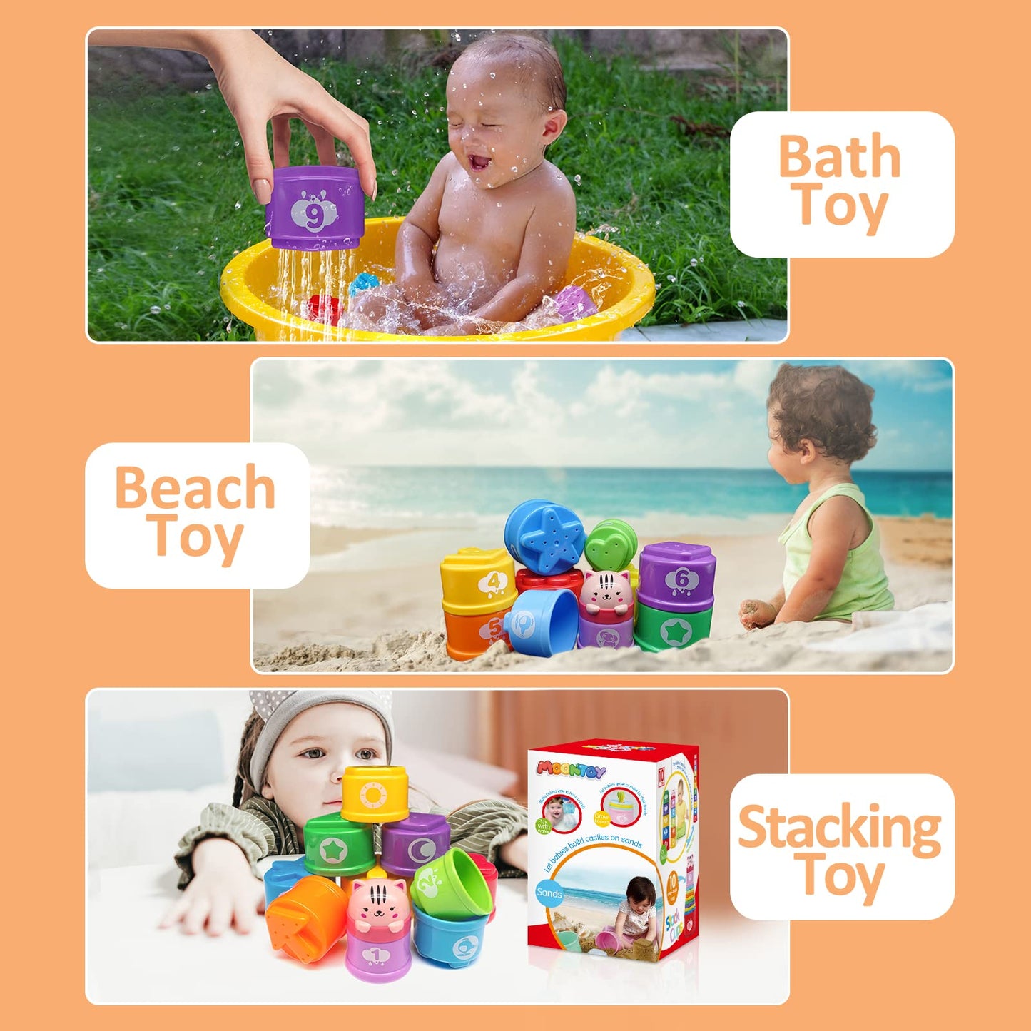 Moontoy Stacking Cups Baby Toys 6 10 12 18 Months, Montessori Toys For 1 Year Old Toddler Learning Toys With Numbers Shapes Patterns, Baby Bath Toys 6-12 Months, Gifts For 1 2 3 Year Old Boys Girls