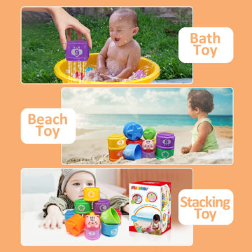Moontoy Stacking Cups Baby Toys 6 10 12 18 Months, Montessori Toys For 1 Year Old Toddler Learning Toys With Numbers Shapes Patterns, Baby Bath Toys 6-12 Months, Gifts For 1 2 3 Year Old Boys Girls