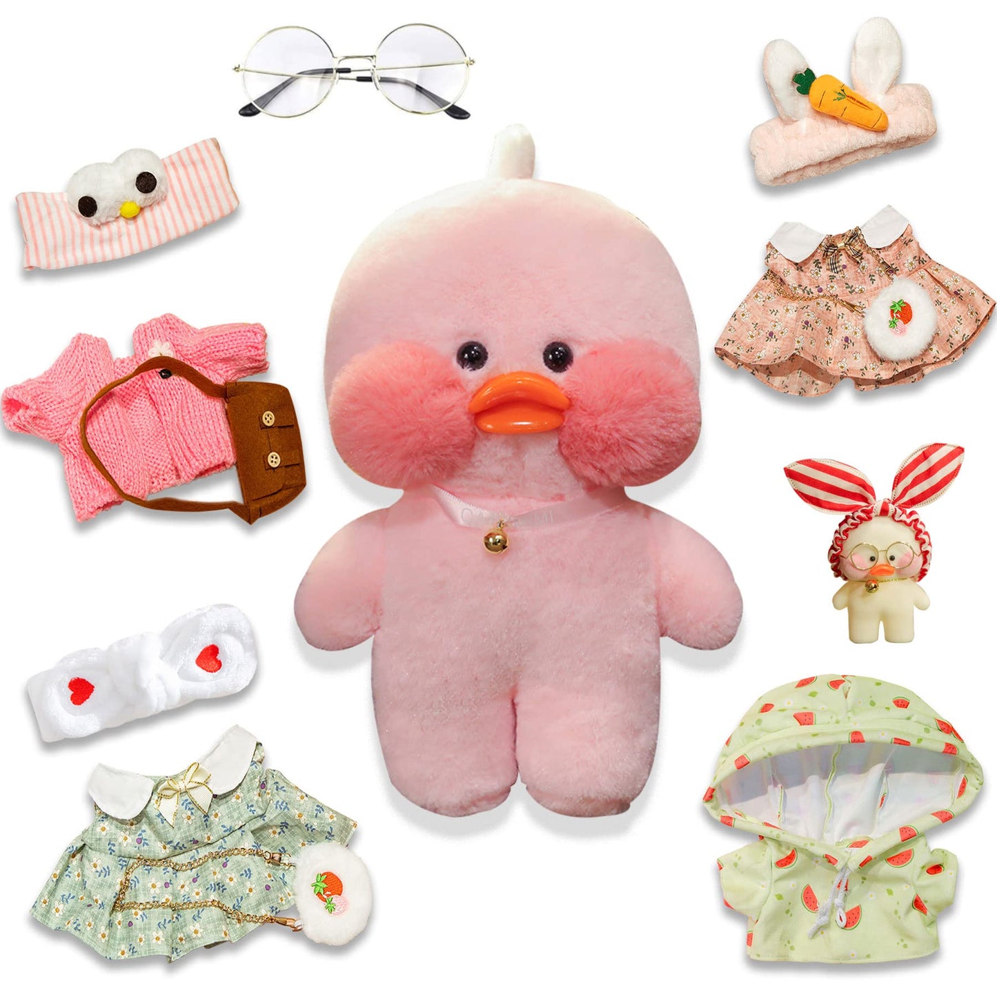 LALAFANFAN Pink Duck Plush Toy, Kawaii Plush with 12 Accessories DIY,Cute Stuffed Animal for Kids