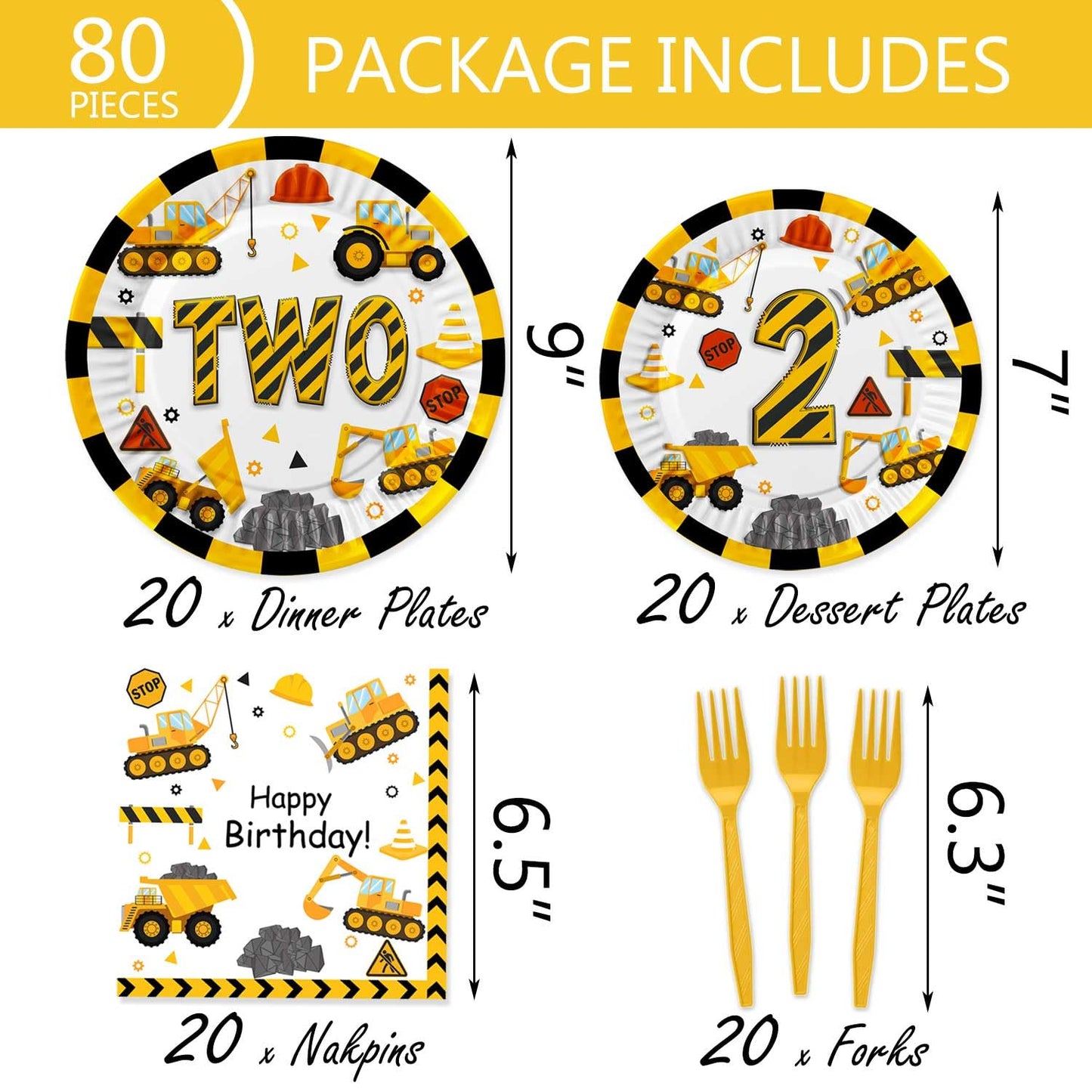 118pcs Construction 2nd Birthday Decor Construction Two Years Old Paper Dinner Plates Napkins Forks Cups Tablecloth Banner Dinne