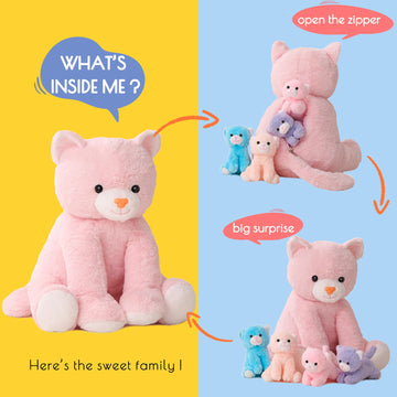 5 Pieces Cat Stuffed Animals For Girls,1 Mommy Cat With 4 Babies,Plush Stuffed Cat Toys Gifts For Kids 3 4 5 6 7 8 9 Years,Soft