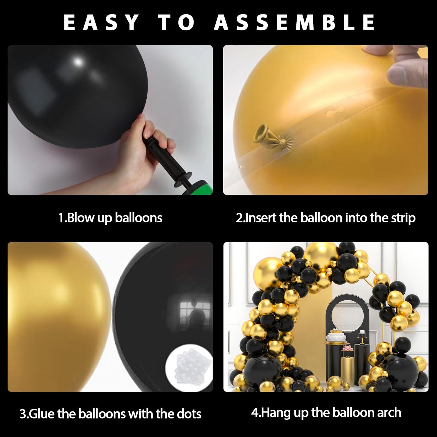 Black Gold Balloons Garland Arch Kit, 134Pcs Metallic Gold And Black Balloons With Different Size For Graduation, Birthday, Anni
