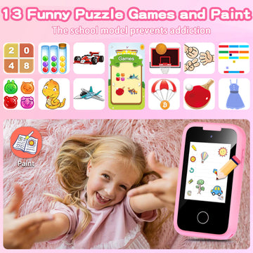 Nikuku Kids Smart Phone for Girls, Christmas Birthday Gifts for Girls 3-8 Year Old, Pretend Toy Phones with Dual with Dual Camer