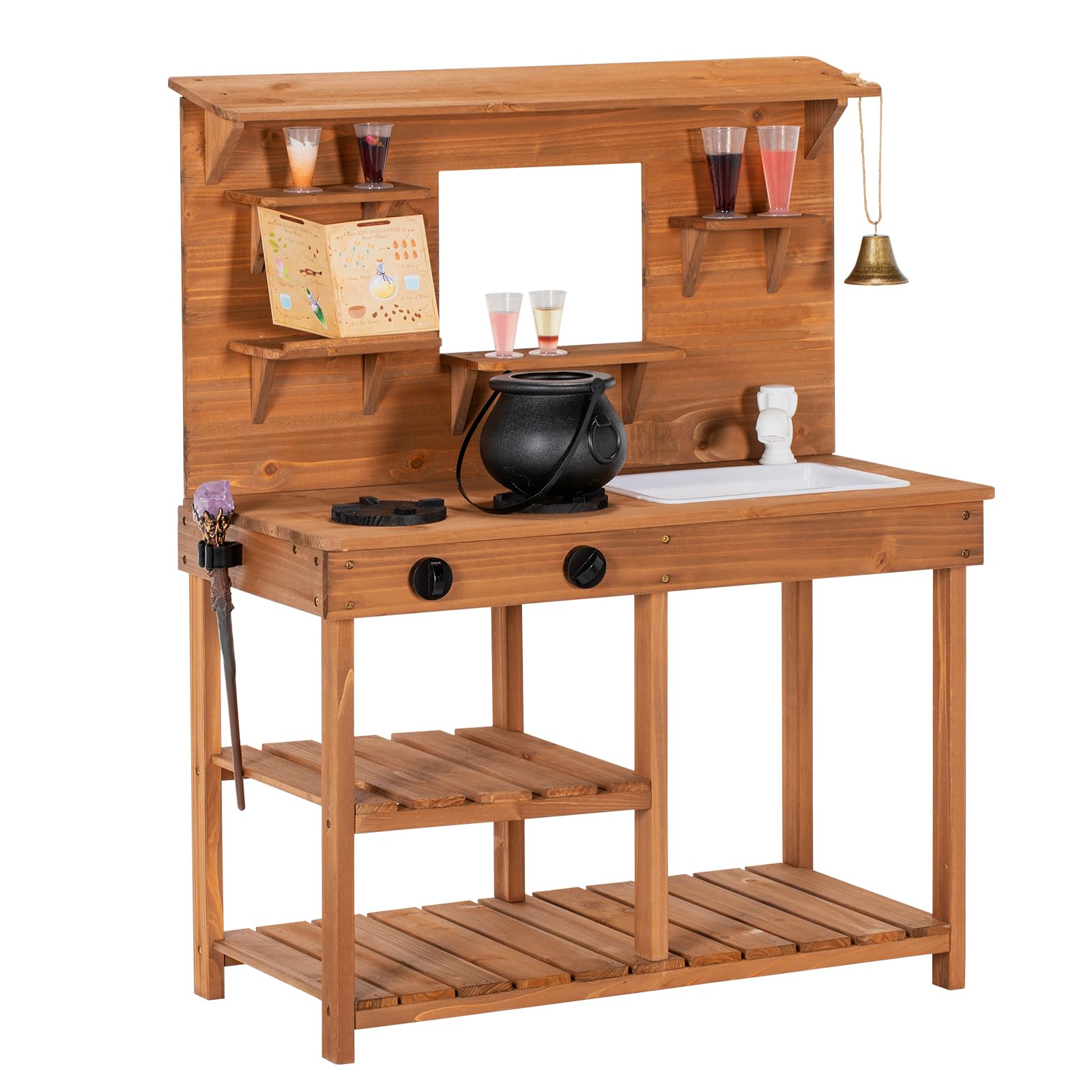 Brinjoy Mud Kitchen Playset For Kids, Wooden Magic Kitchen Set W/Wand, Recipe, Removable Sink, Faucet, Stove, Toddler Outdoor Pr