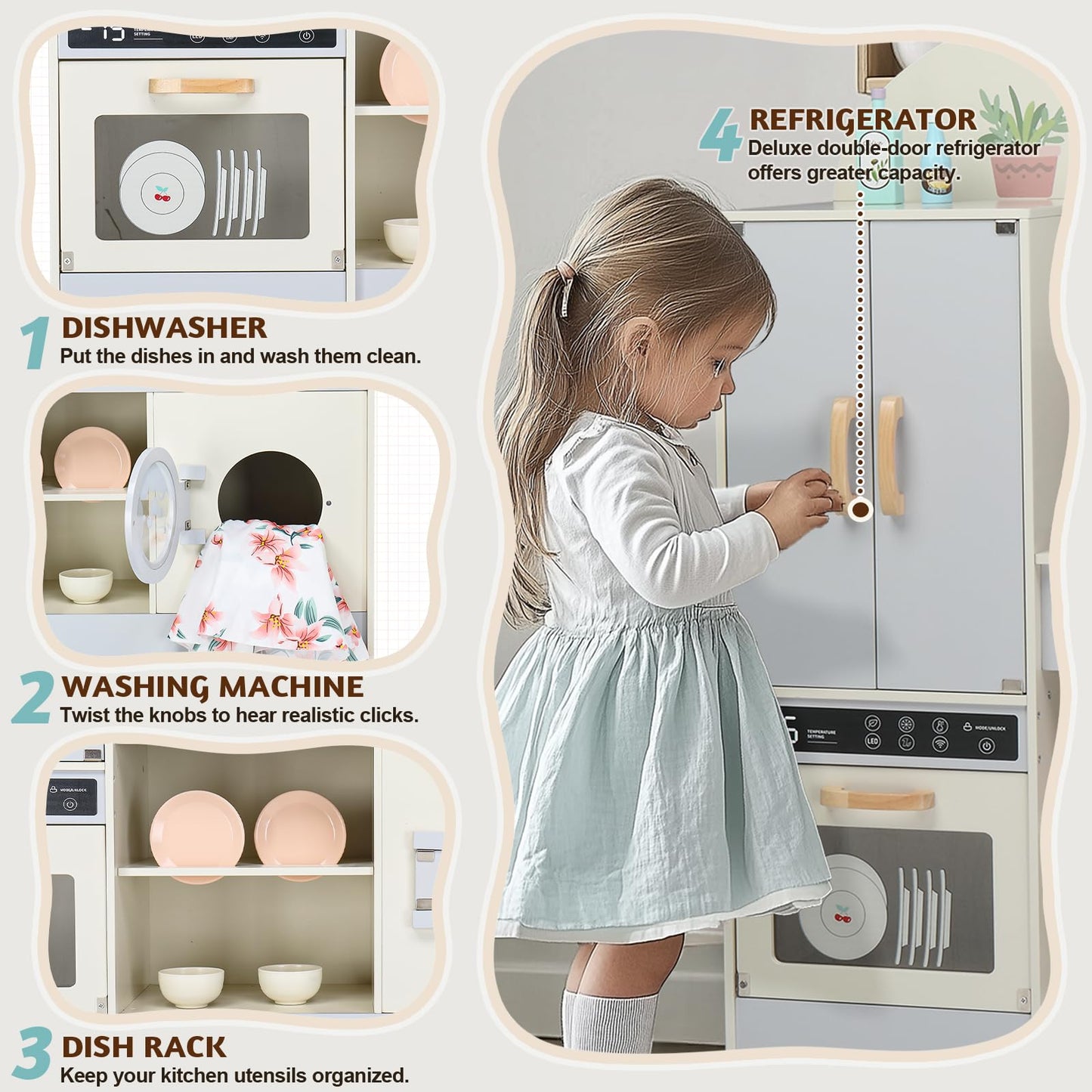 Ktaxon Wooden Play Kitchen For Kids, Pretend Kitchen Playset With Toy Double-Door Refrigerator, Storage Space & Cooking Set Acce