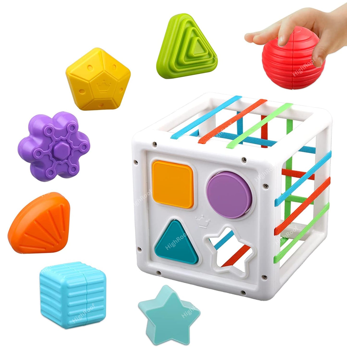 Highroof Shape Sorter Baby Toys, Montessori Toys For Boys Girls, Activity Cube Sensory Bin For Babies Toddlers 6 12 18 Months, B