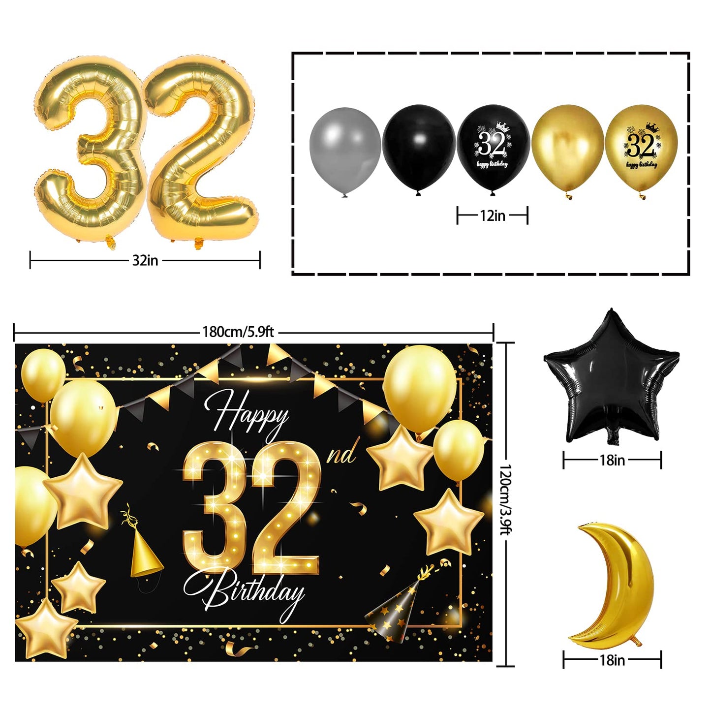 Happy 32Nd Birthday Balloons Gold Set Decor - Cheers To 32 Years Old Party Theme Garland Star Moon Banner Backdrop Decorations F