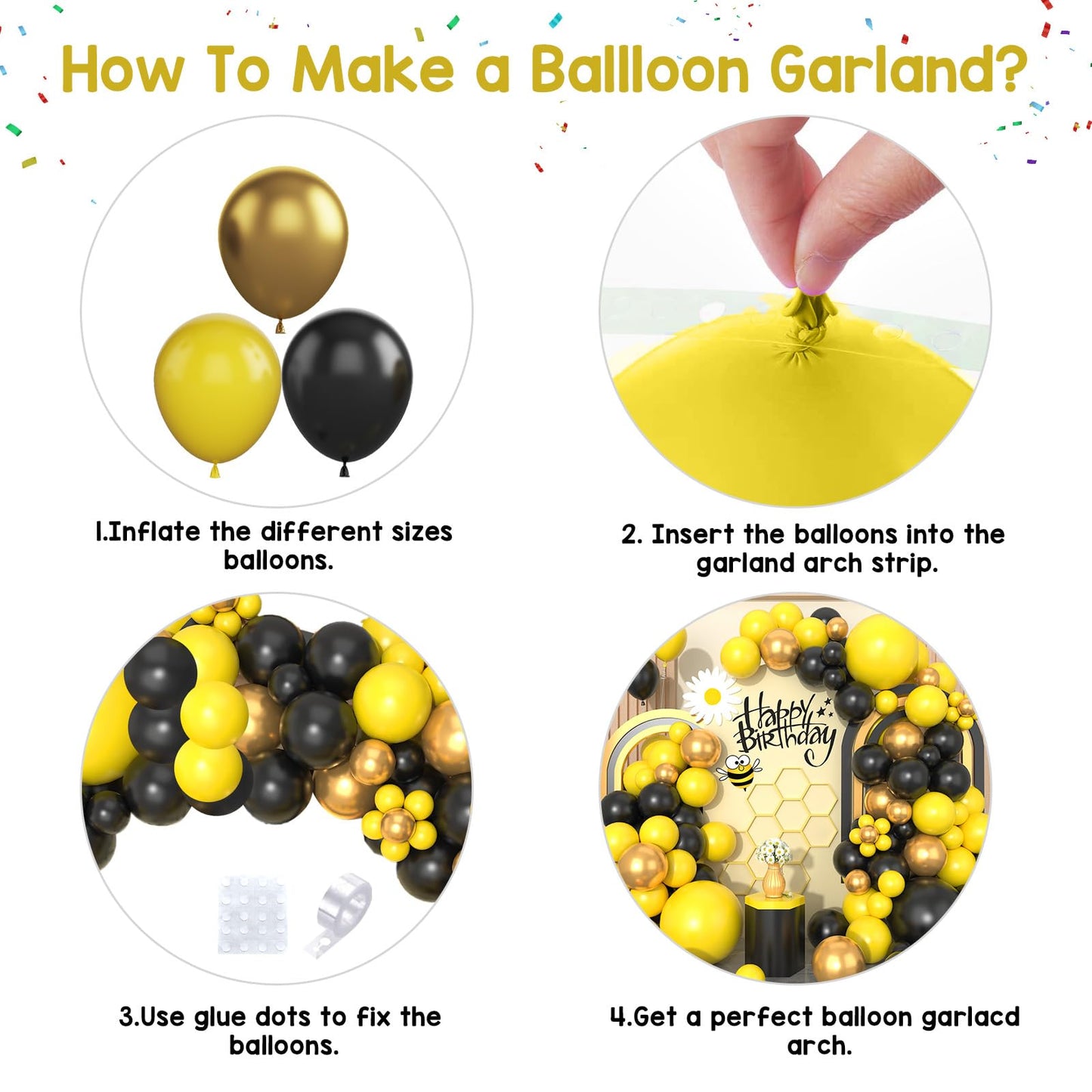 Paready Balloon Arch Kit - 113pcs Yellow & Black Garland - Rubber Metallic Balloons for Birthday, Bee Theme Party, Baby Shower, Wedding