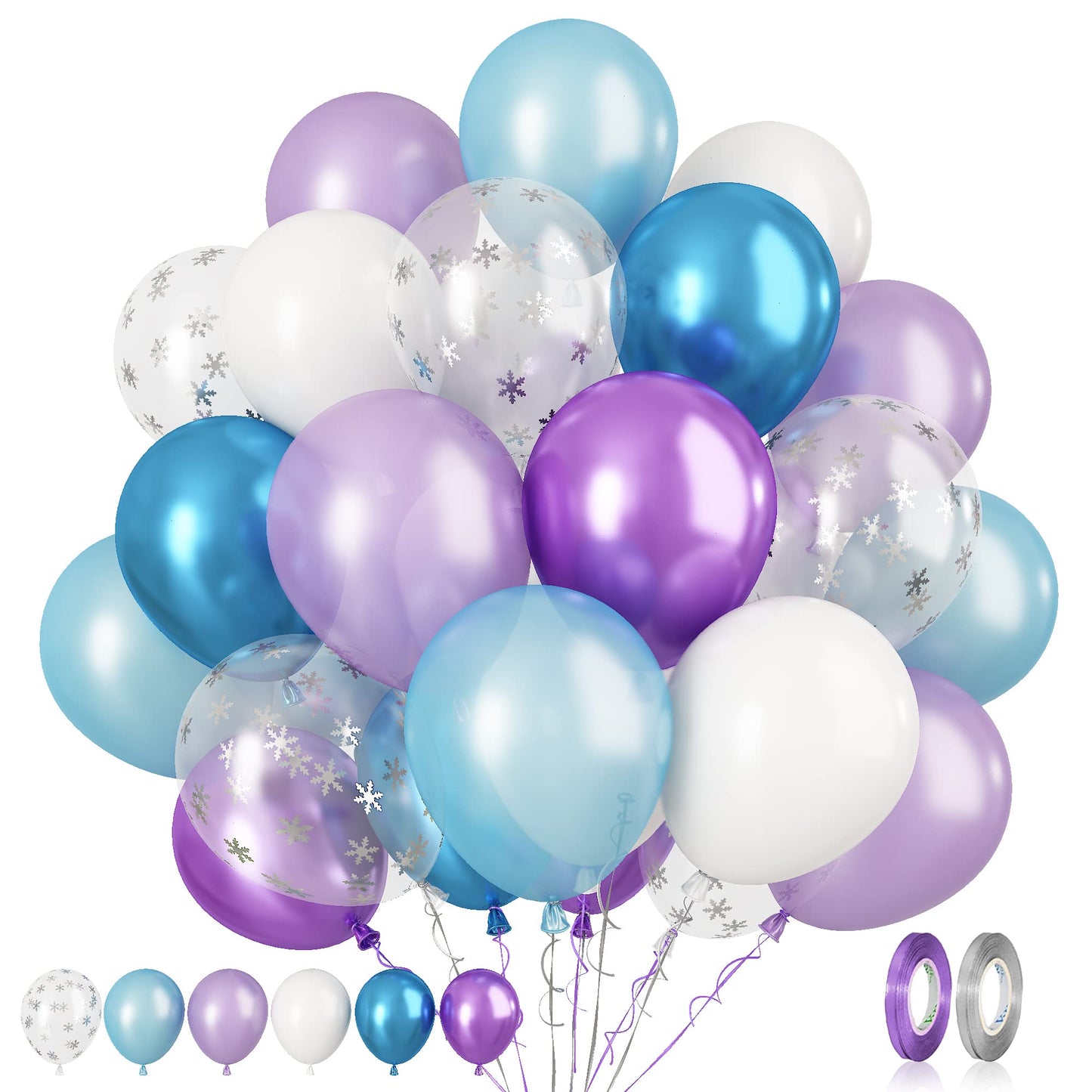 Paready Frozen Balloons, 60 Pcs 12 Inch Purple Blue Balloons White And Snow Confetti Latex Balloons For Girls Frozen Theme Party