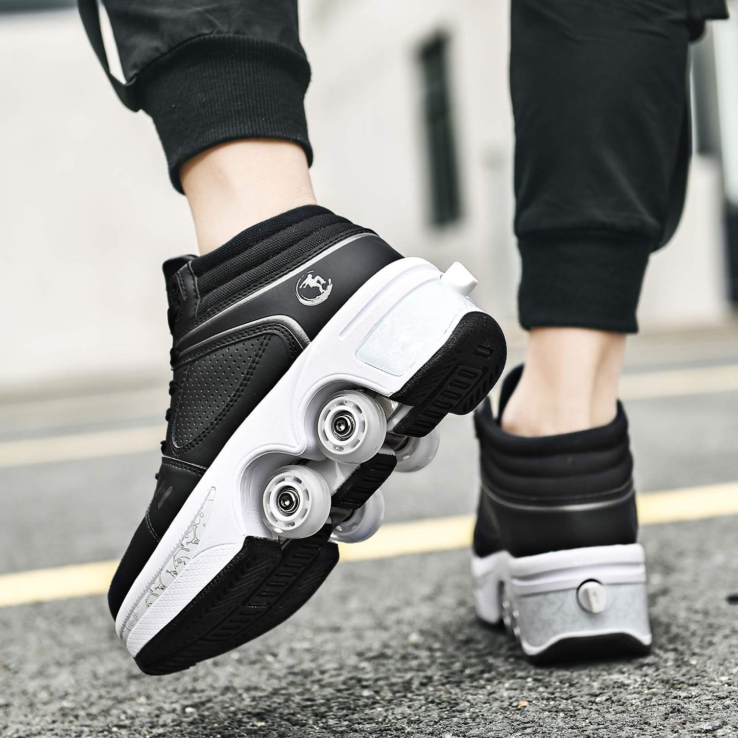 Double-Row Deform Wheel Automatic Walking Shoes Invisible Deformation Roller Skate 2 in 1 Removable Pulley Skates Skating Parkour (Black high  US 9.5)
