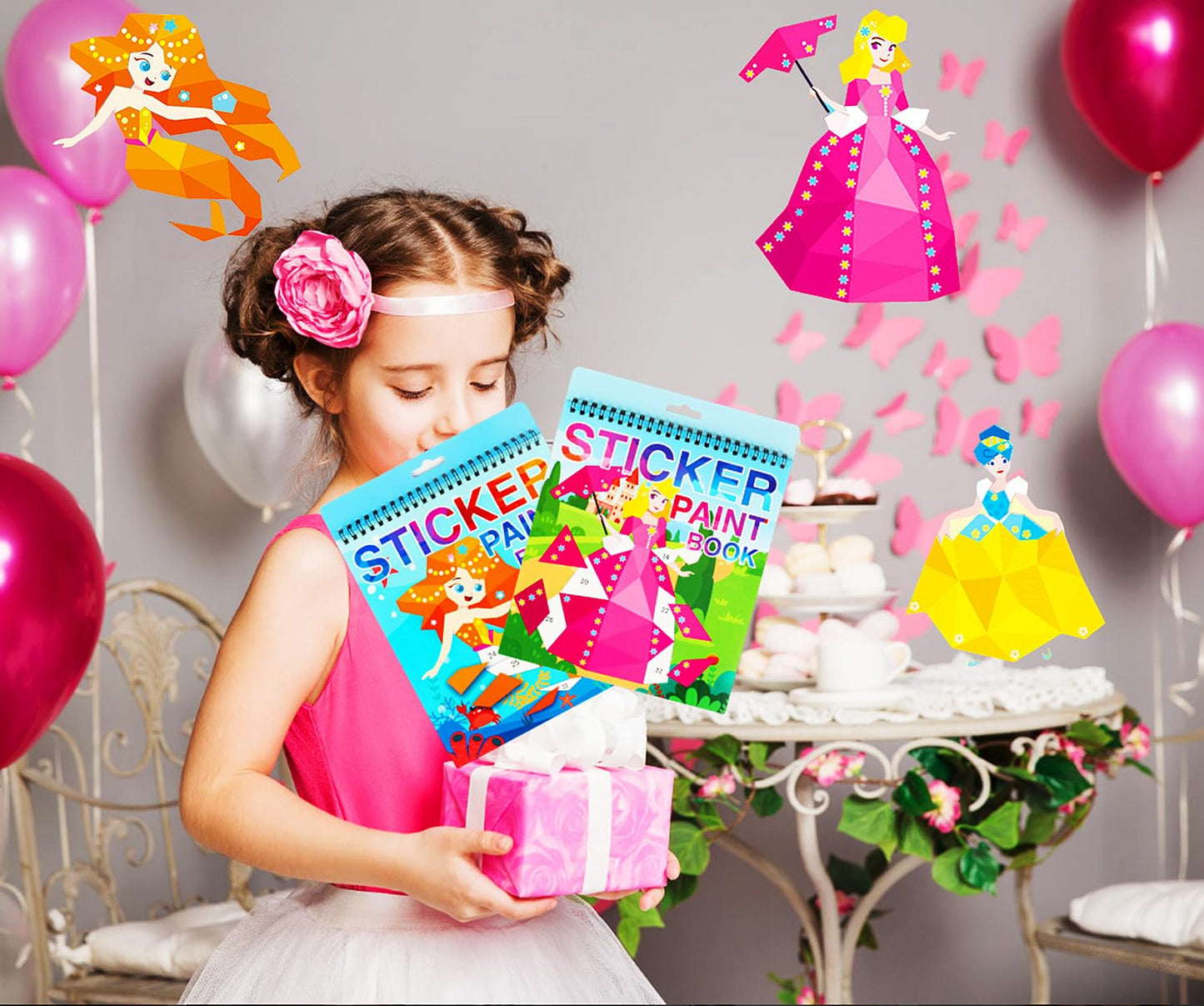 2Pcs Crafts For Kids Ages 4-8 Sticker Paint Number Sticker Book Mermaid And Princess Stickers For Girls Birthday Halloween Christmas Party Favors Road Plane Travel Daycare Activity