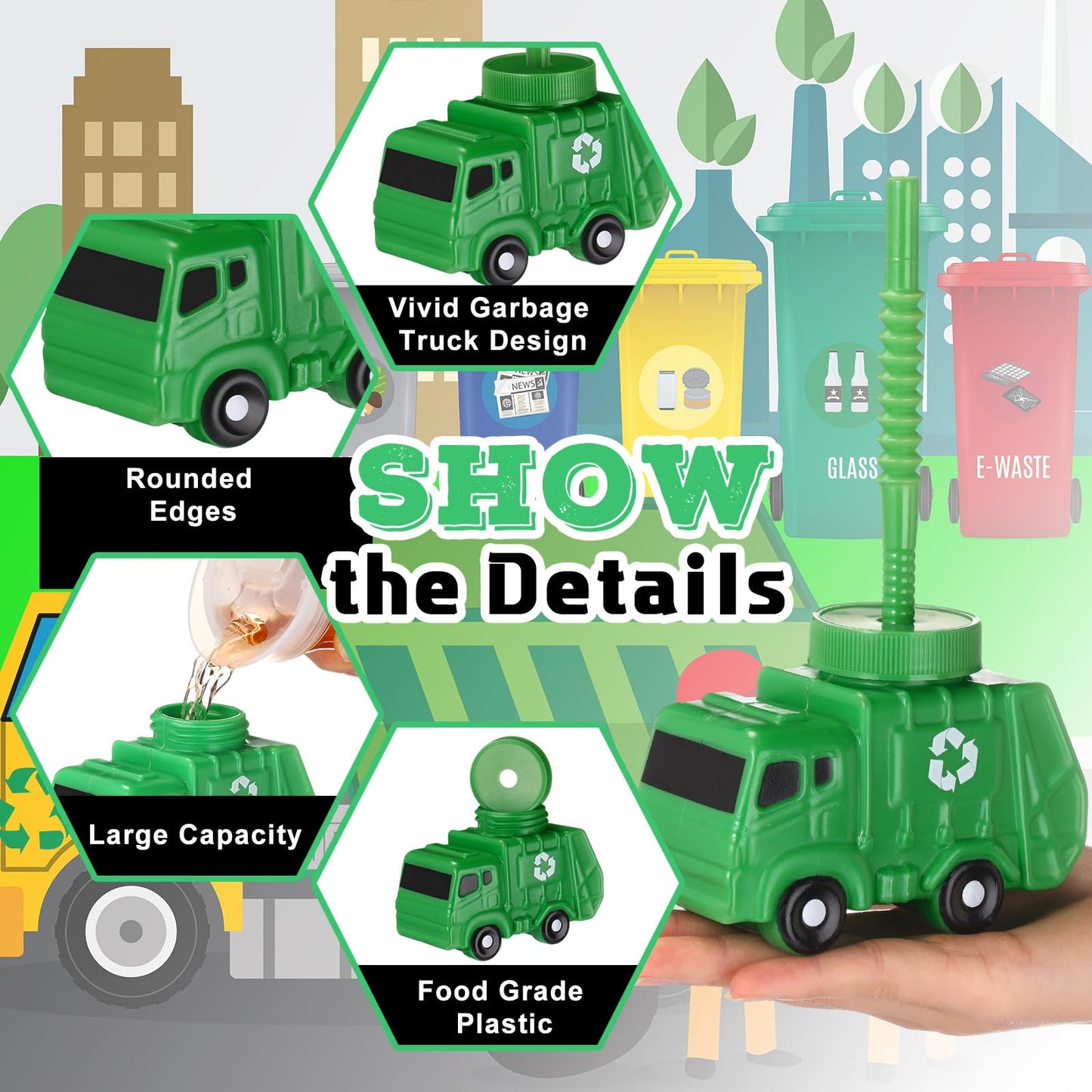 Tanlade 12 Sets Garbage Truck Cups with Straws, Trash Truck Birthday Party Decorations, 10 oz Plastic Garbage Car Shape Cup Reus