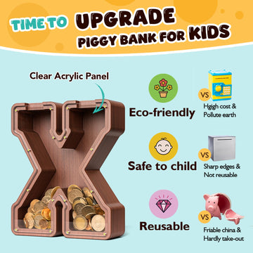 Summidate Wooden Letter Piggy Bank  Extra Thick Large Capacity Piggy Bank for Kids Boys Girls Toddler  Alphabet X Money Bank| Coin Box Birthday  Christmas  Festival