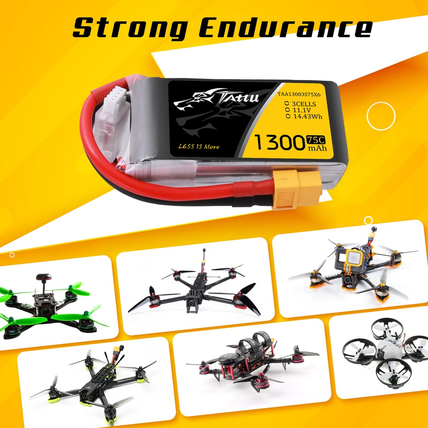 Tattu 11.1V 1300mAh 75C 3S LiPo Battery Pack with XT60 Plug for RC Boat Heli Airplane UAV Drone FPV Nemesis 240 Mini Skylark M4-