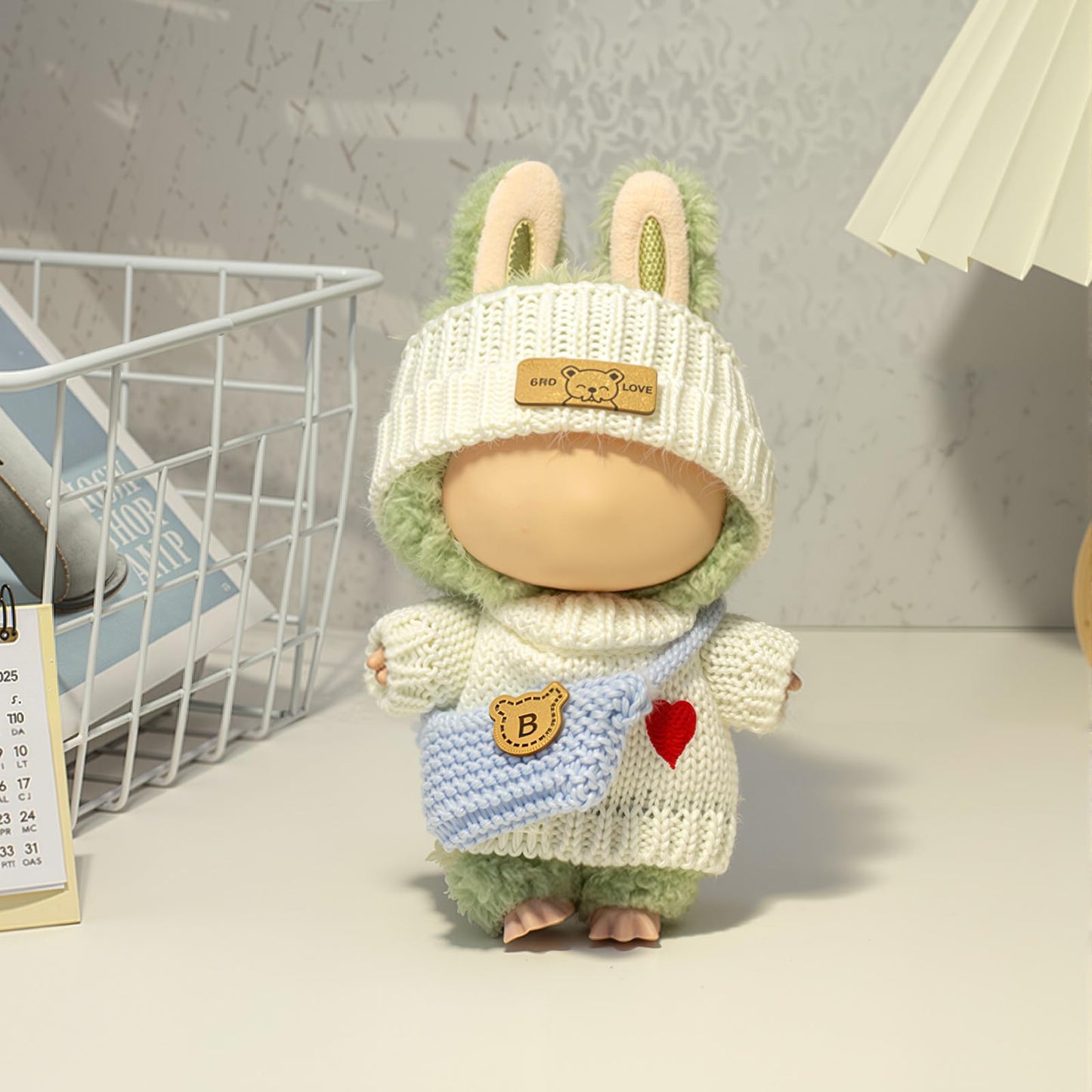 Clothes for LABUUB Doll (NO Doll)  Handcrafted Crochet 3-Piece Set for Doll Accessories  enhanced Outfit - Heart Sweater + Hat + Bag  Cute Clothes for Dress up Unique Style (White)