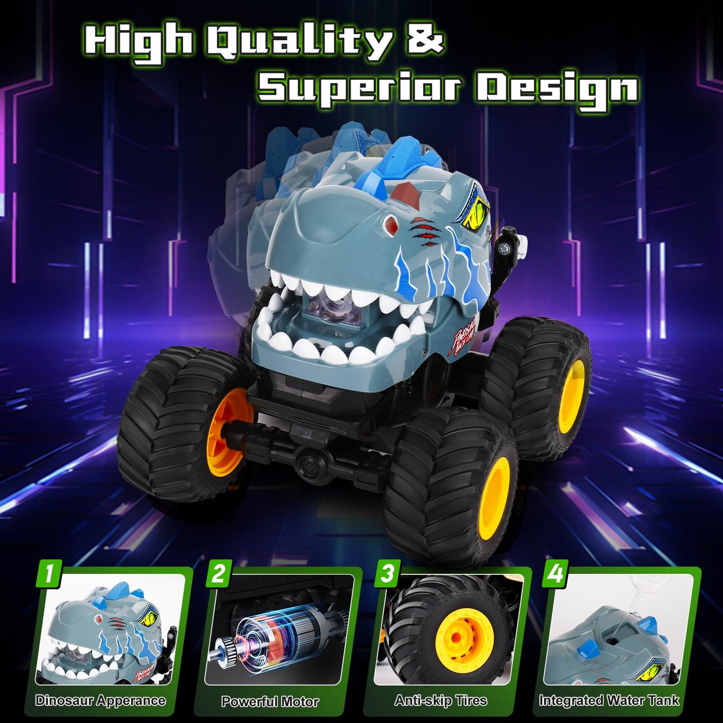 Drefirsa Remote Control Car for Boys 4-7 8-12, Dinosaur Monster Truck Toys with 50min+ Runtime, Spray, LED Light, 360 Rotating &
