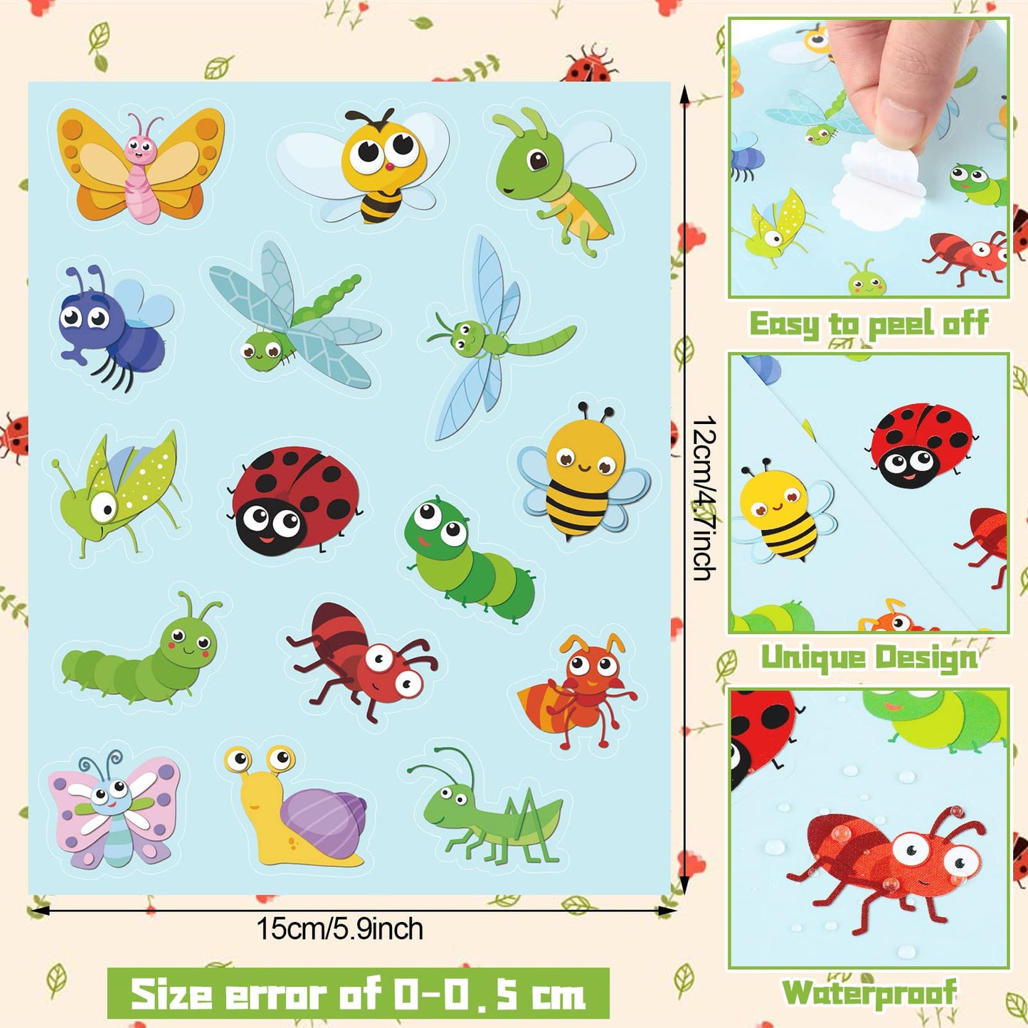 Frienda 480 Pcs Buggy For Bugs Shape Stickers For Kids Bee Ladybug Spring Butterfly Dragonfly Grasshopper Ant Snail Stickers For Spring Theme Party Classroom