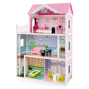 Honey Joy Pink Doll House, 3-Story Wooden Dollhouse W/Working Elevator & Staircase, 10 Pieces Play Accessories & Furniture Included, Pretend Play Doll House Toy, Gift For Toddler Girl Boy, Pink