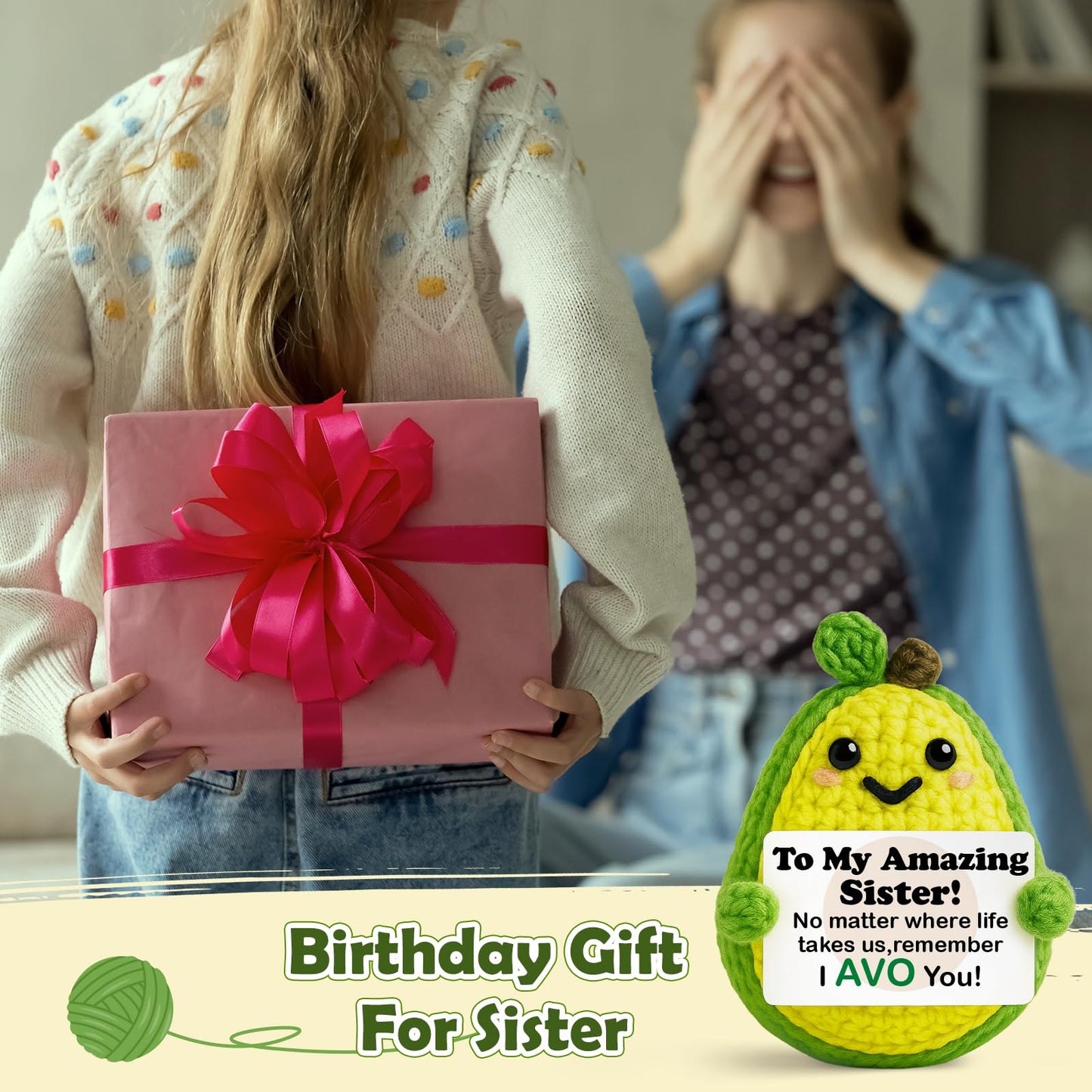 GiftMark Gifts for Sister Mothers Day Positive Crochet Avocado Emotional Cheer Support Crochet Mini Handmade Birthday Gift for Sister Girl Ideas Funny Sister Birthday Gifts from Sister