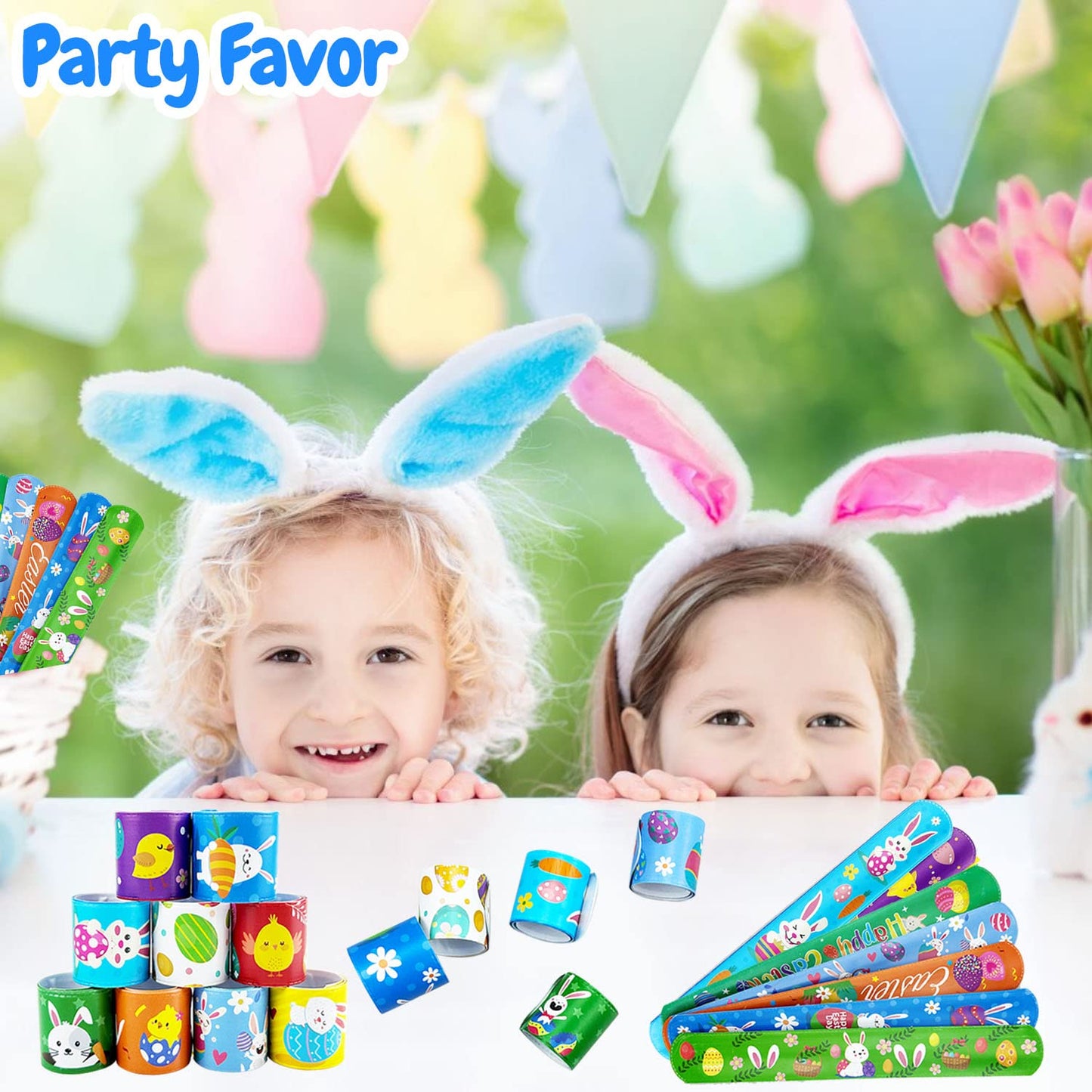 MEZHOBBY 54Pcs Easter Slap Bracelets, Easter Basket Stuffers, Easter Egg Fillers Gifts, Easter Egg Hunt Event, Party Favors , Cl