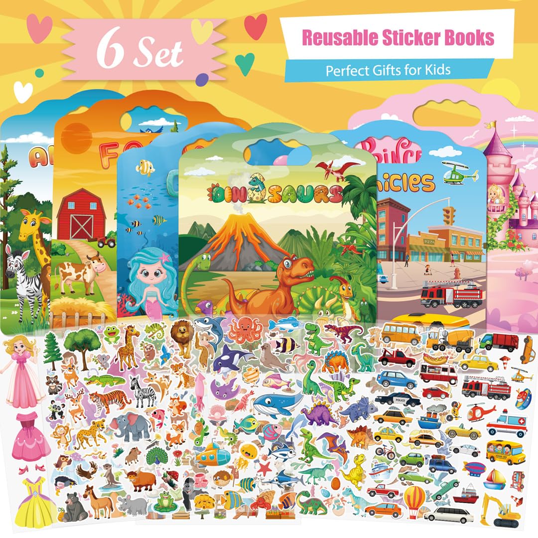 6Set Reusable Sticker Books For Kids,Puffy Sticker Books For Kids,Sticker Books For Toddlers 2-4,Toddler Sticker Books For Girls