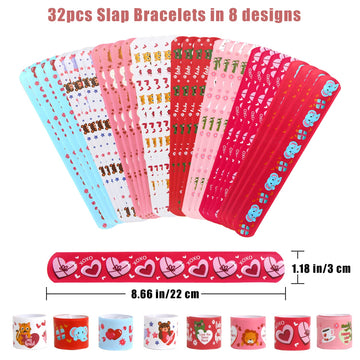 FOIMAS Valentine's Day Slap Bracelet Set,32pcs Animal Heart Snap Bracelet Wristband and 36pcs Gift Cards for Kids School Classro